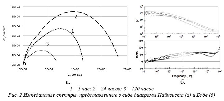 Импедансные спектры, представленные в виде диаграмм Найквиста (а) и Боде (б)